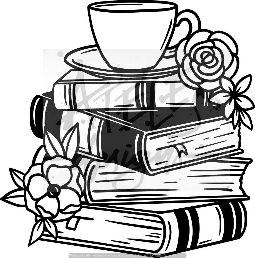 book stack cup flowers